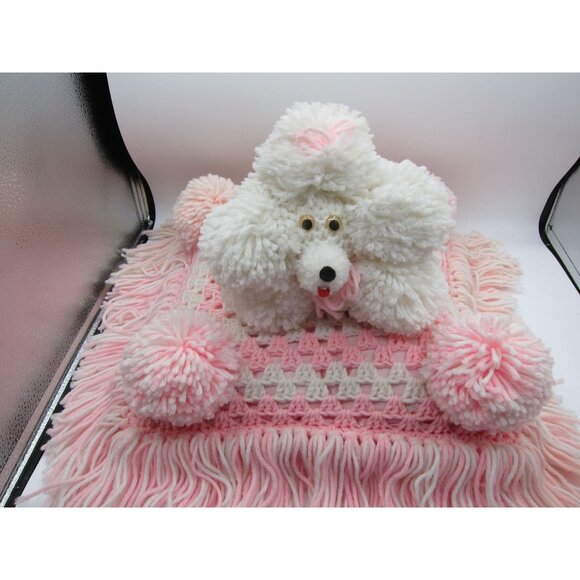 Adorable Vintage Handmade Pom-Pom Poodle Dog On Pink Crochet Mat With Fringe - U - Picture 10 of 10